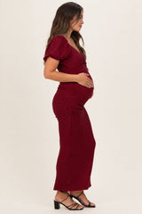Burgundy Knit Twisted Bust Short Sleeve Maternity Midi Dress