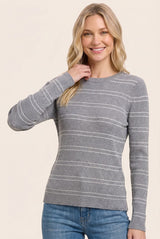 Heather Grey Ribbed Basic Striped Fitted Sweater