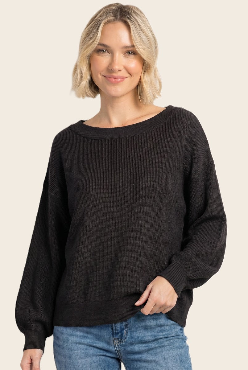 woman wearing a black ribbed sweater with a wide neckline and balloon sleeves, paired with light blue jeans