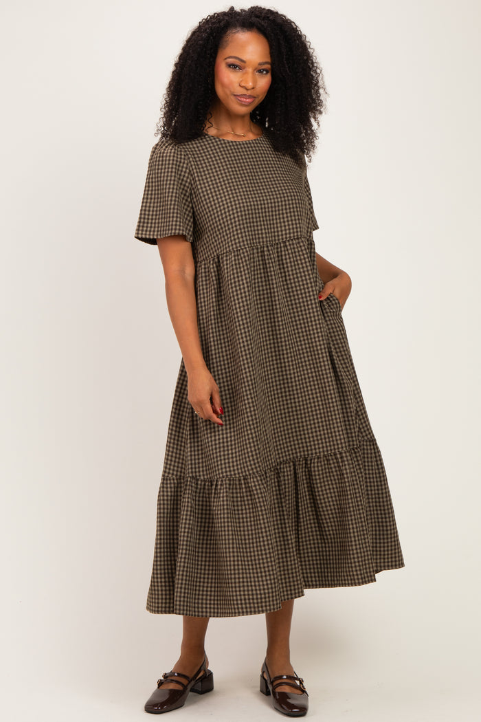 Brown Gingham Short Sleeve Maternity Midi Dress