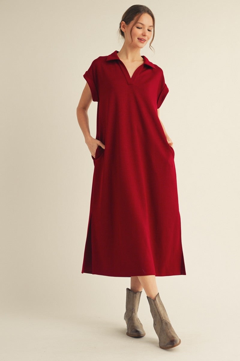 Burgundy Collared Oversized Maternity Midi Dress