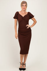 Brown Knit Twisted Bust Short Sleeve Maternity Midi Dress