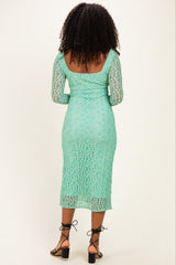 Green Floral Lace Long Sleeve Square Neck Midi Dress