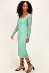 Green Floral Lace Long Sleeve Square Neck Midi Dress