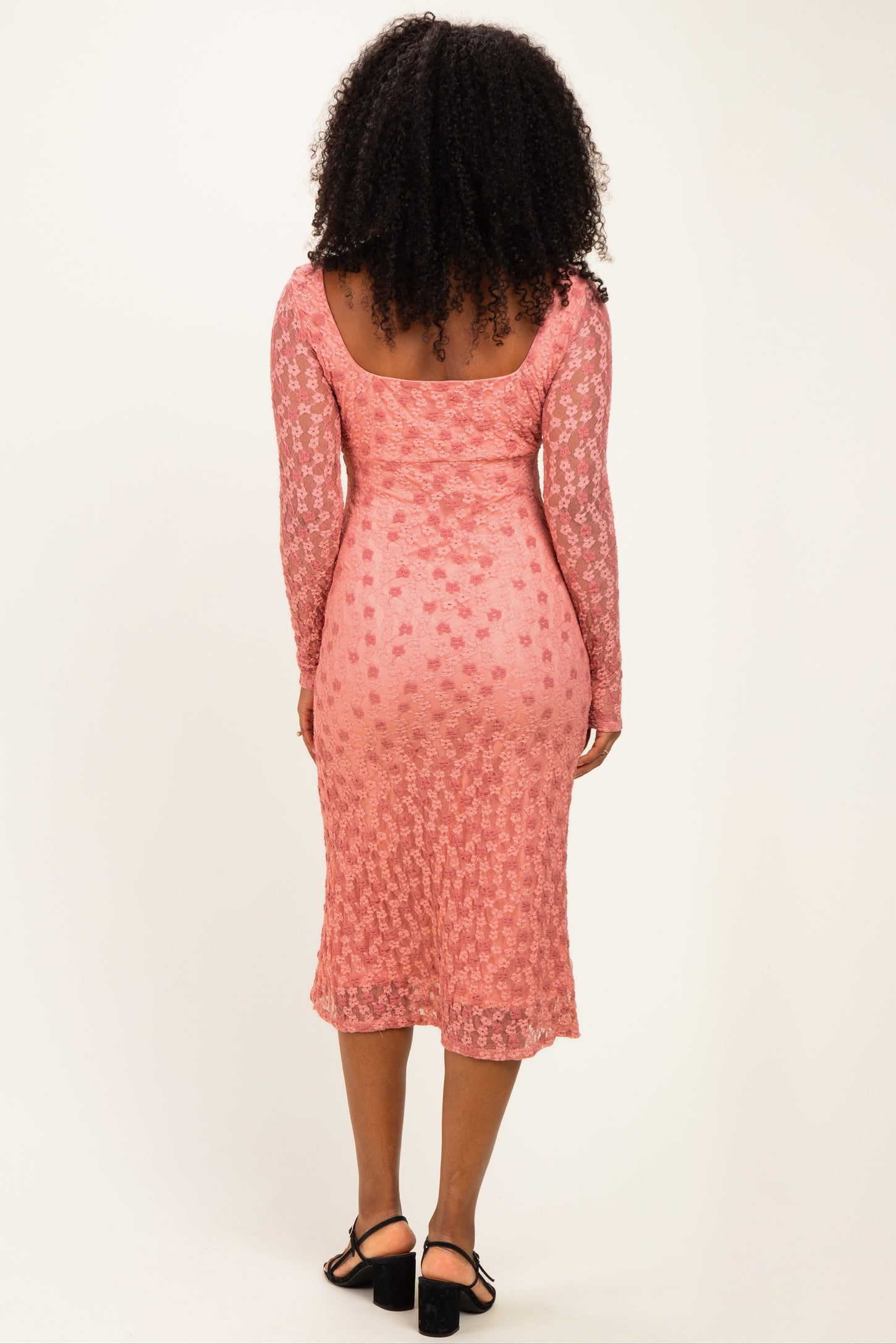 Pink Floral Lace Long Sleeve Square Neck Midi Dress