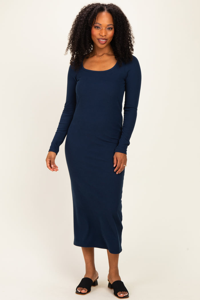 Navy Scoop Neck Long Sleeve Maternity Midi Dress