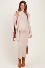 Sand Ribbed Knit Scarf Maternity Midi Dress