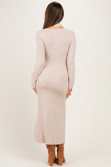 Sand Ribbed Knit Scarf Maternity Midi Dress