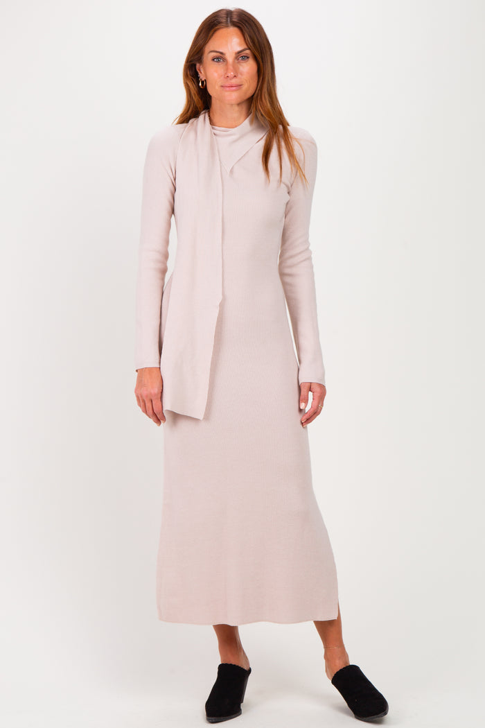 Sand Ribbed Knit Scarf Maternity Midi Dress
