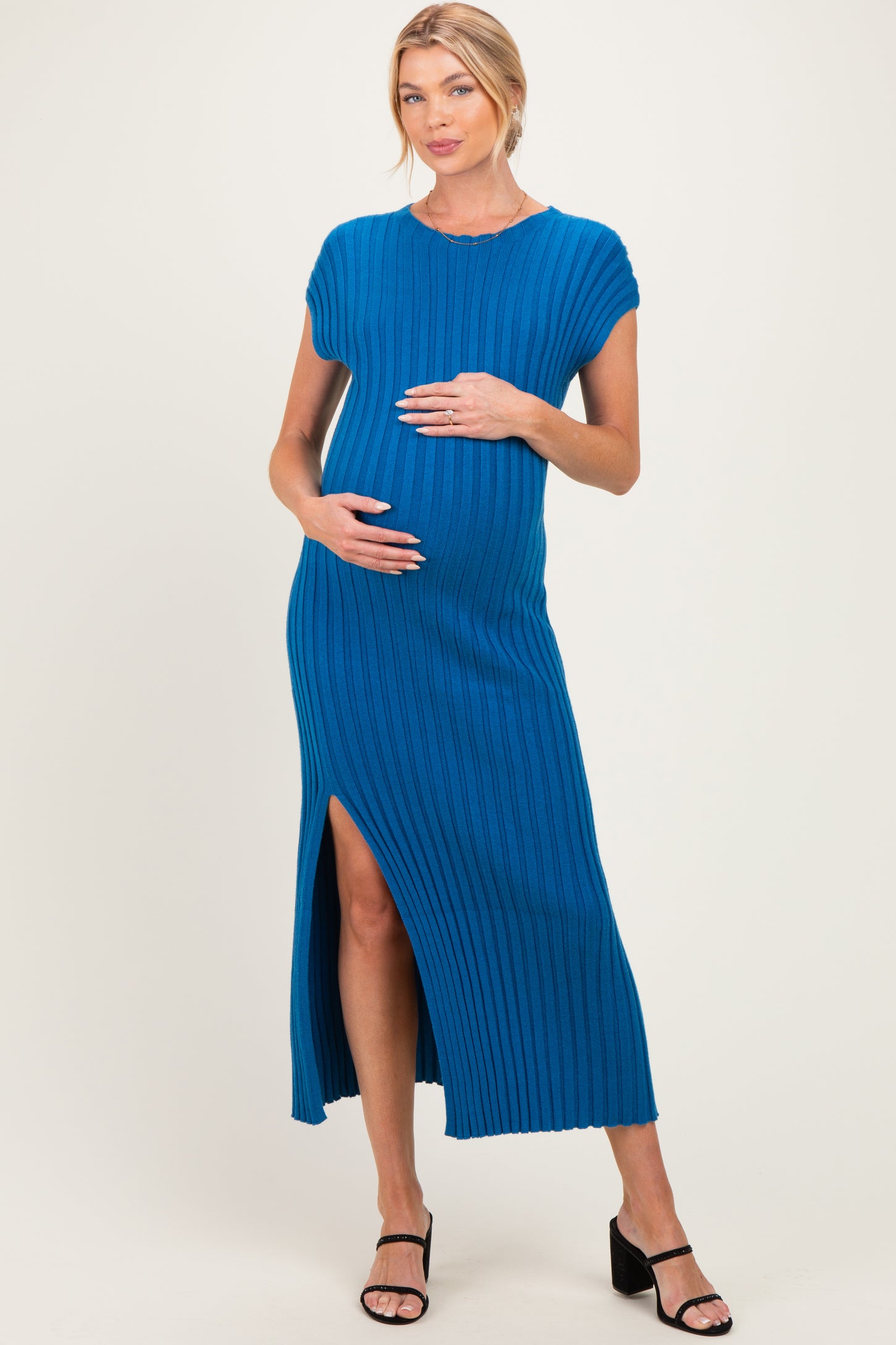 Dark Teal Wide Rib Side Slit Maternity Midi Dress