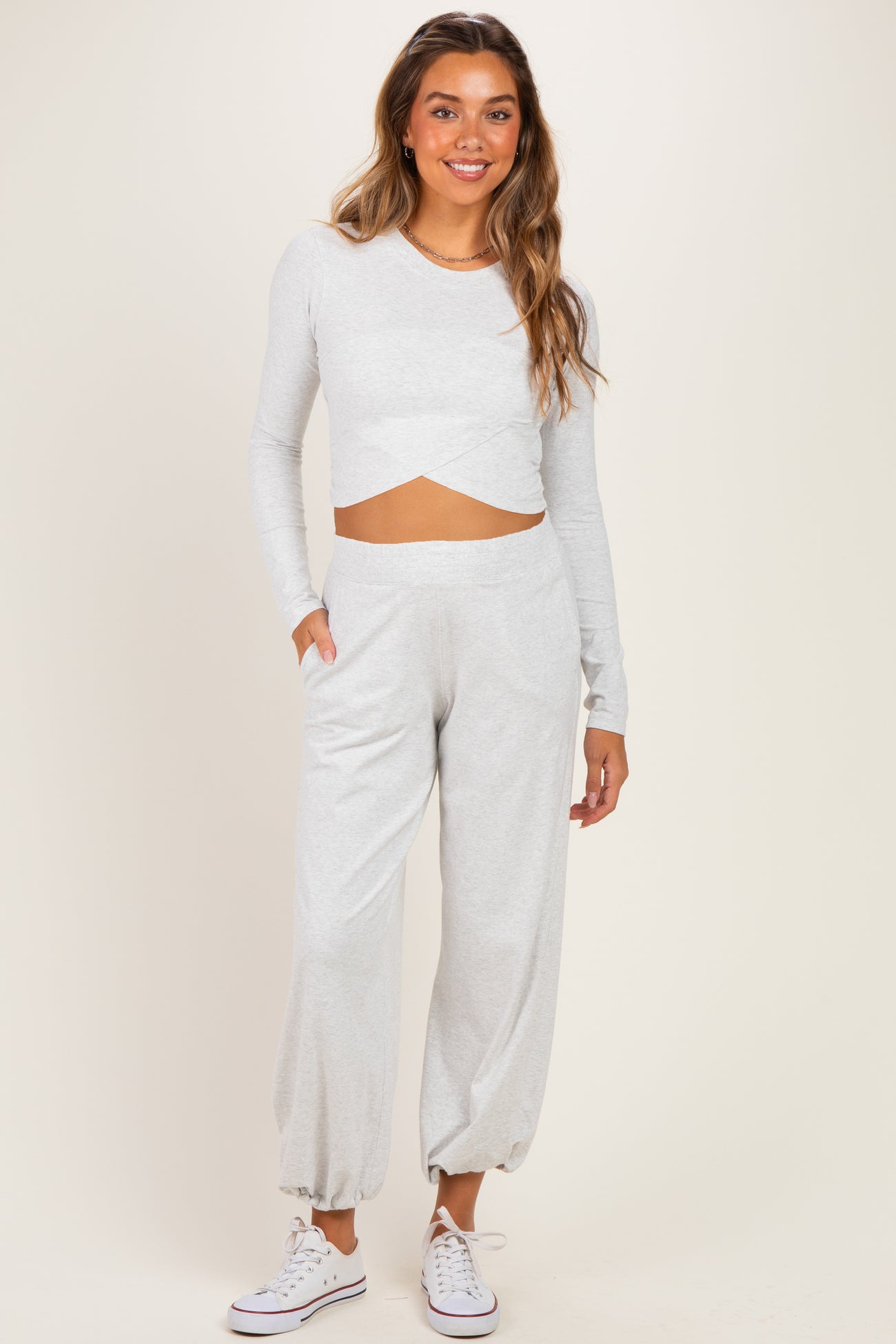 Light Heather Grey Cropped Long Sleeve Pant Maternity Set