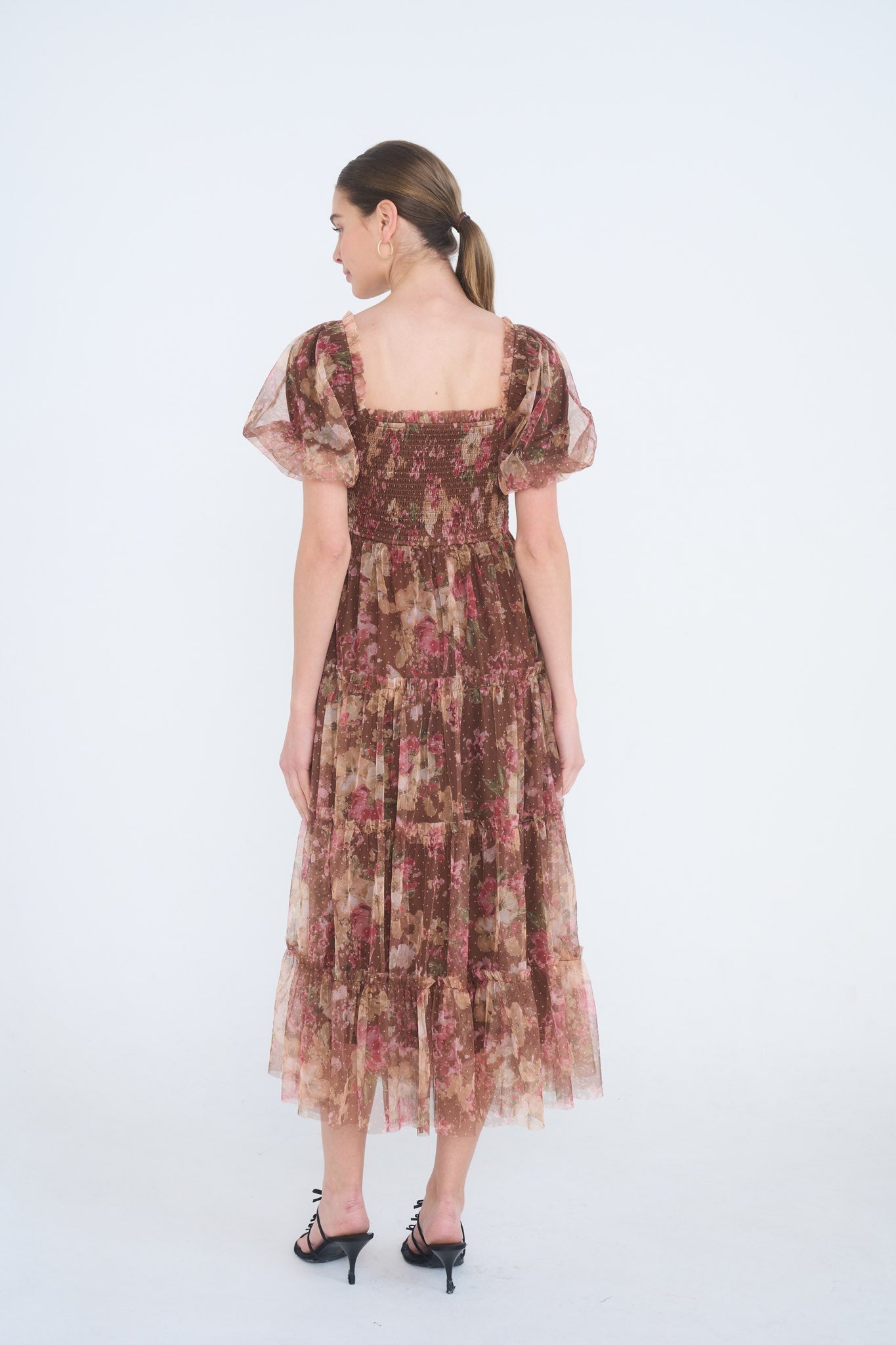 Light Brown Floral Polka Dot Tulle Midi Dress