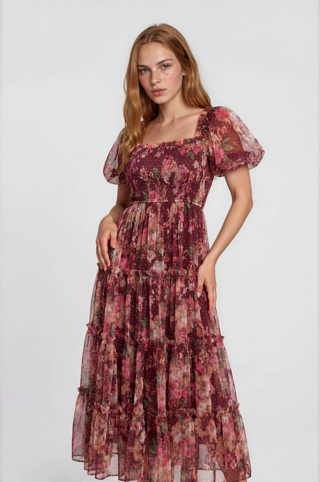 Burgundy Floral Polka Dot Tulle Midi Dress