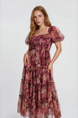Burgundy Floral Polka Dot Tulle Midi Dress