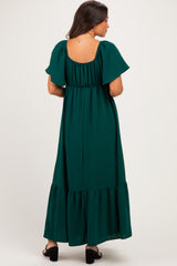 Dark Sage Flutter Sleeve Ruffle Hem Maternity Maxi Dress