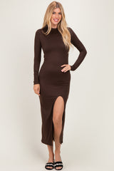 Brown Mock Neck Front Slit Long Sleeve Maxi Dress