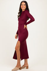 Burgundy Mock Neck Front Slit Long Sleeve Maternity Maxi Dress