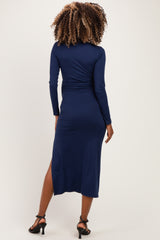 Navy Mock Neck Front Slit Long Sleeve Maternity Maxi Dress