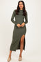 Olive Mock Neck Front Slit Long Sleeve Maxi Dress