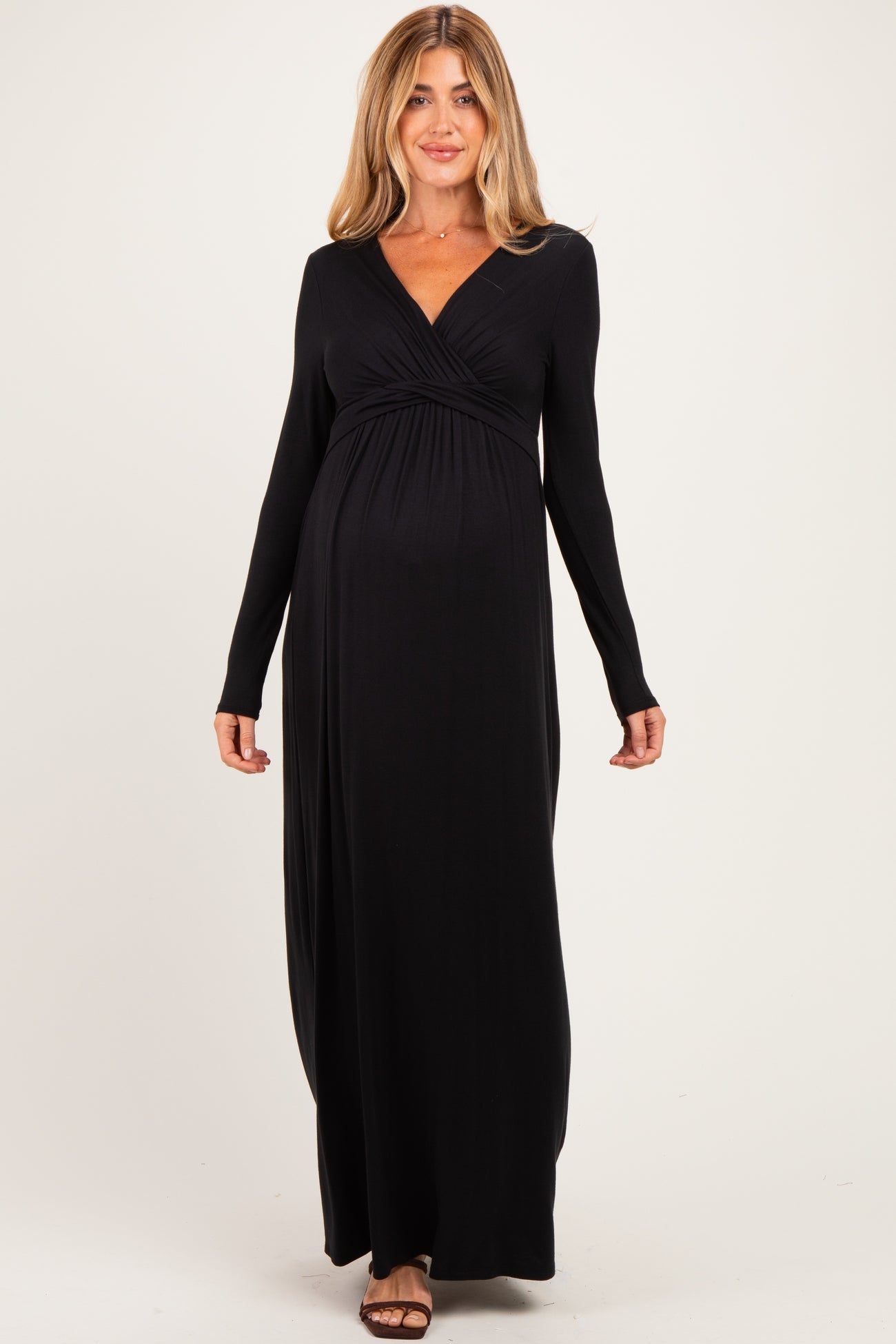 PinkBlush Black Long Sleeve Draped Maternity/Nursing Maxi Dress