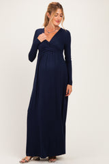 PinkBlush Navy Long Sleeve Draped Maternity/Nursing Maxi Dress