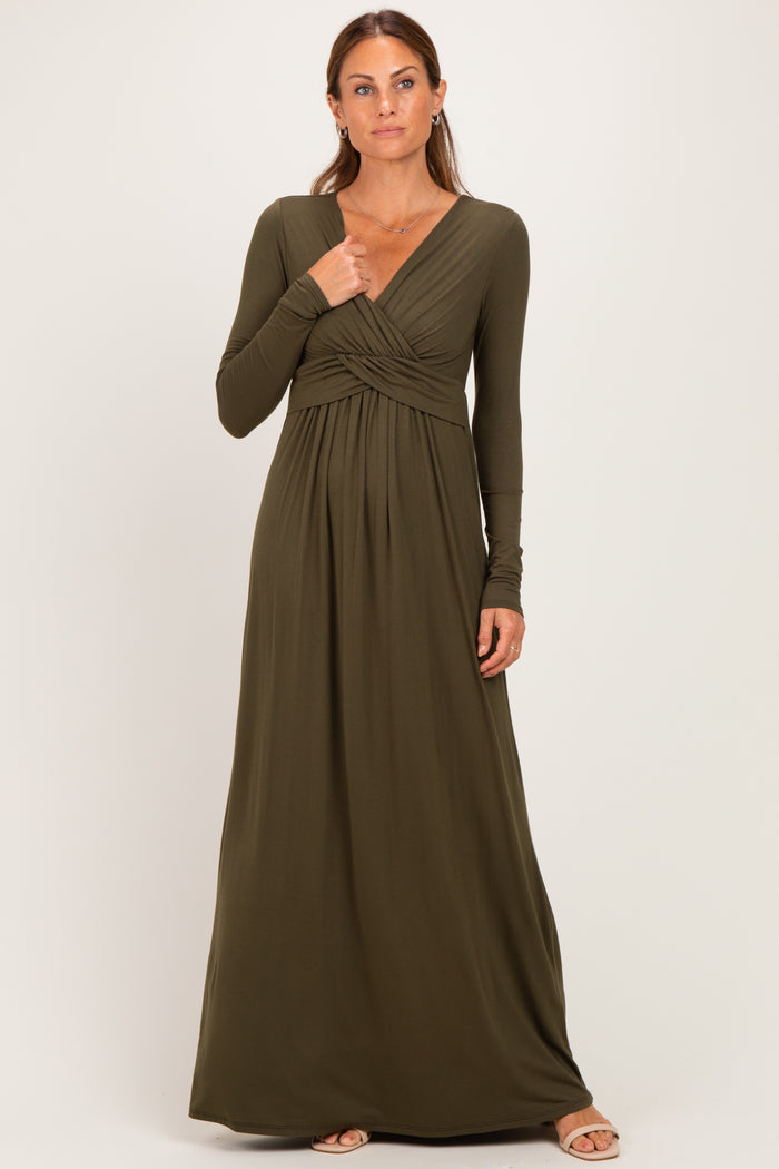 PinkBlush Olive Long Sleeve Draped Maternity/Nursing Maxi Dress