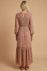 Taupe Floral Smocked Long Sleeve Midi Dress