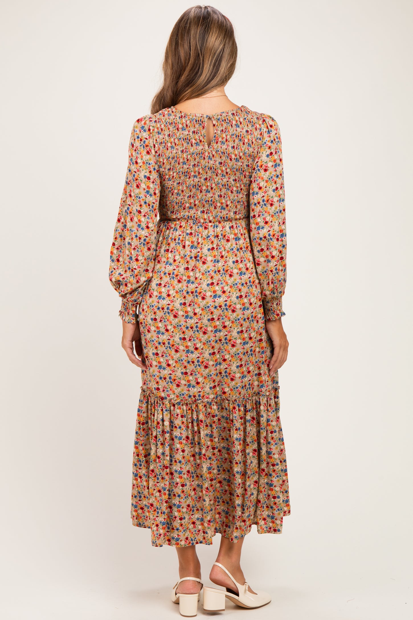 Taupe Floral Smocked Long Sleeve Maternity Midi Dress