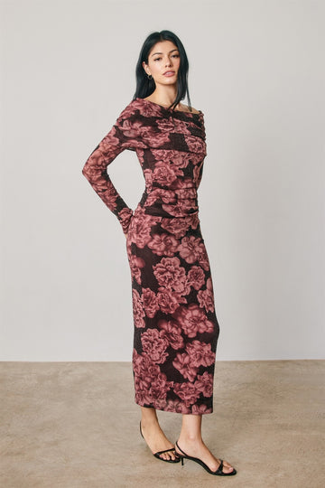 Mauve Floral Off Shoulder Maxi Dress