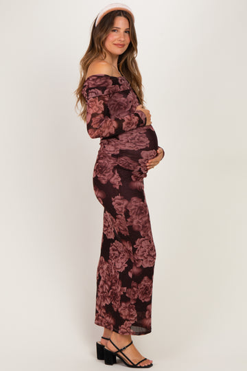 Mauve Floral Off Shoulder Maternity Maxi Dress