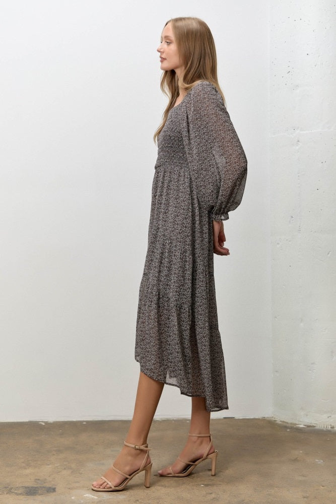 Dark Brown Floral Smocked Long Sleeve Midi Dress