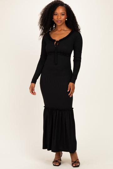 Black Ribbed Long Sleeve Ruffle Trim Off Shoulder Maxi Dress