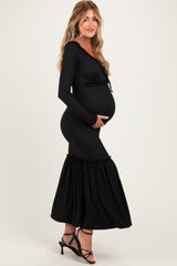 Black Ribbed Long Sleeve Ruffle Trim Off Shoulder Maternity Maxi Dress