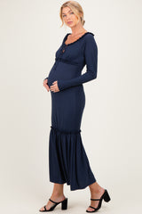 Navy Ribbed Long Sleeve Ruffle Trim Off Shoulder Maternity Maxi Dress