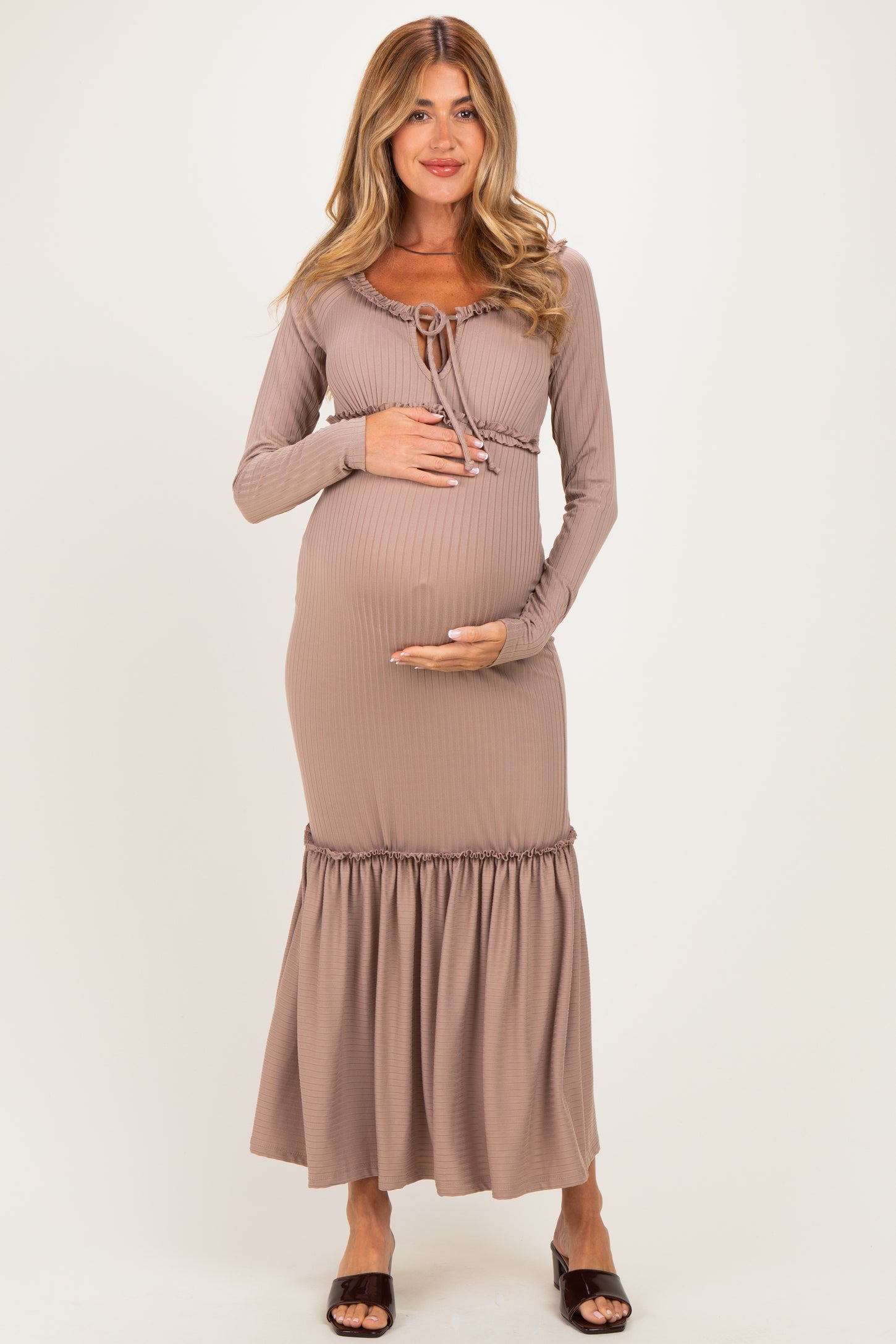Beige Ribbed Long Sleeve Ruffle Trim Off Shoulder Maternity Maxi Dress