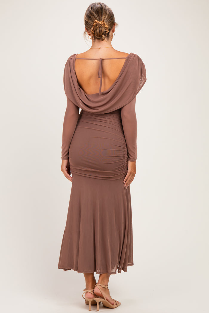 Mocha Mesh Draped Shoulder Long Sleeve Maternity Maxi Dress