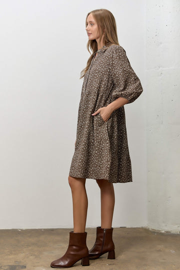 Dark Brown Floral Button Down Shirt Dress