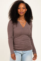 Brown Ribbed V-Neck Long Sleeve Maternity Top
