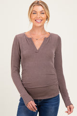 Brown Ribbed V-Neck Long Sleeve Maternity Top