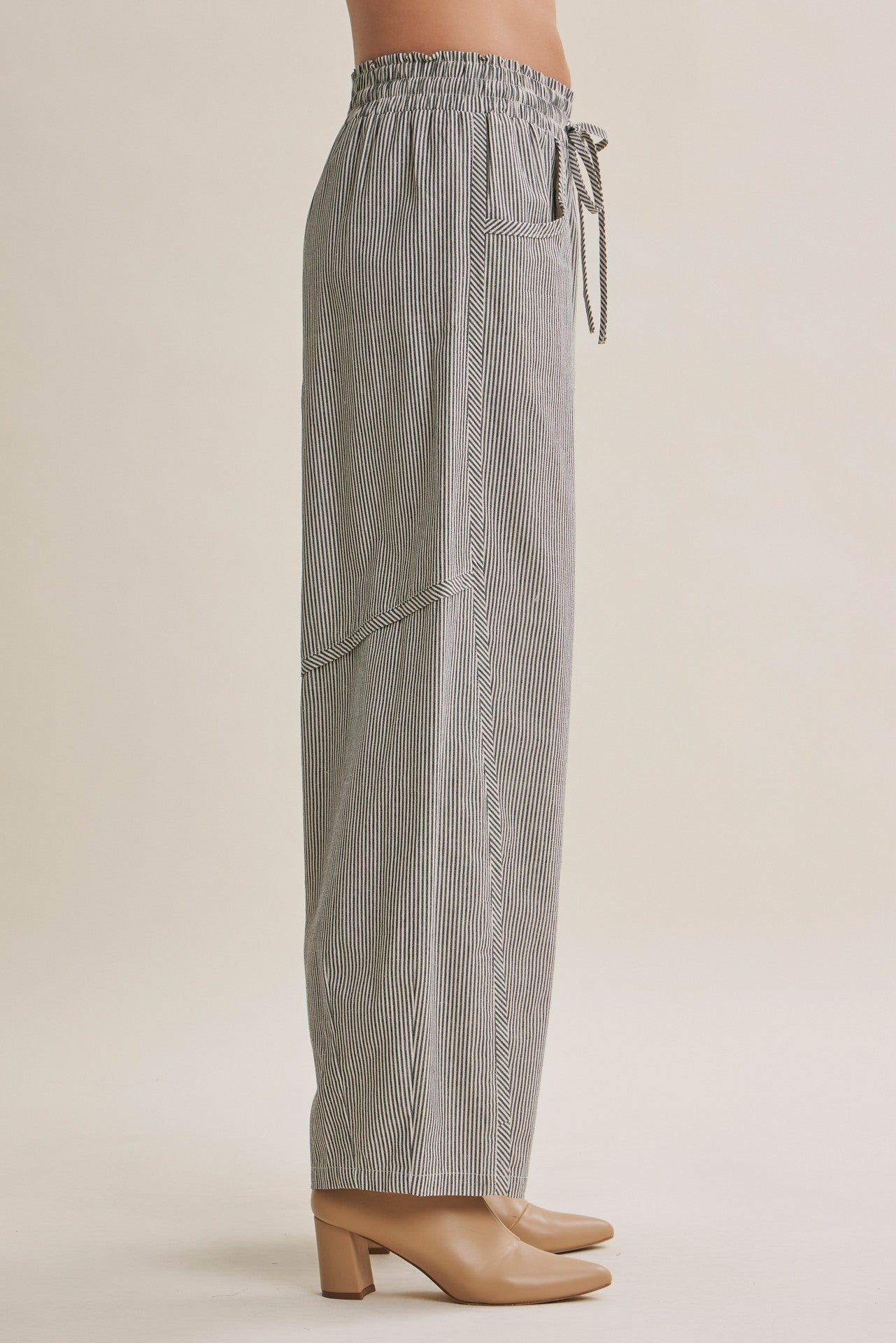 Black Striped Cotton Barrel Leg Pants