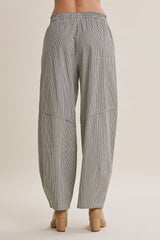 Black Striped Cotton Barrel Leg Pants