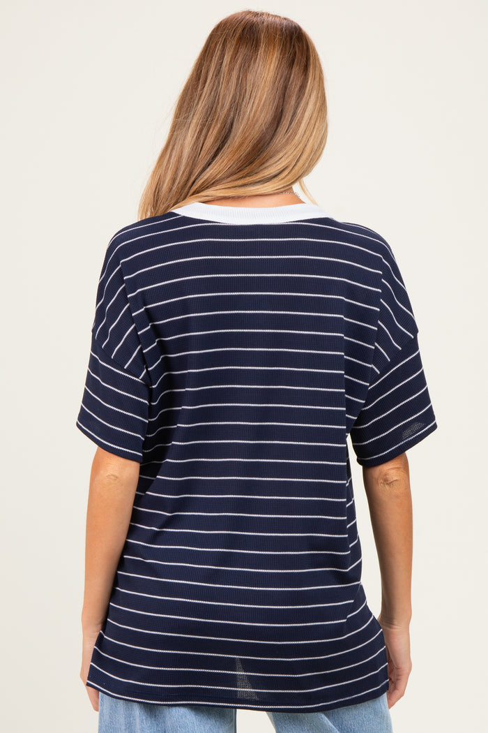 Navy Striped Short Sleeve V-Neck Maternity Top