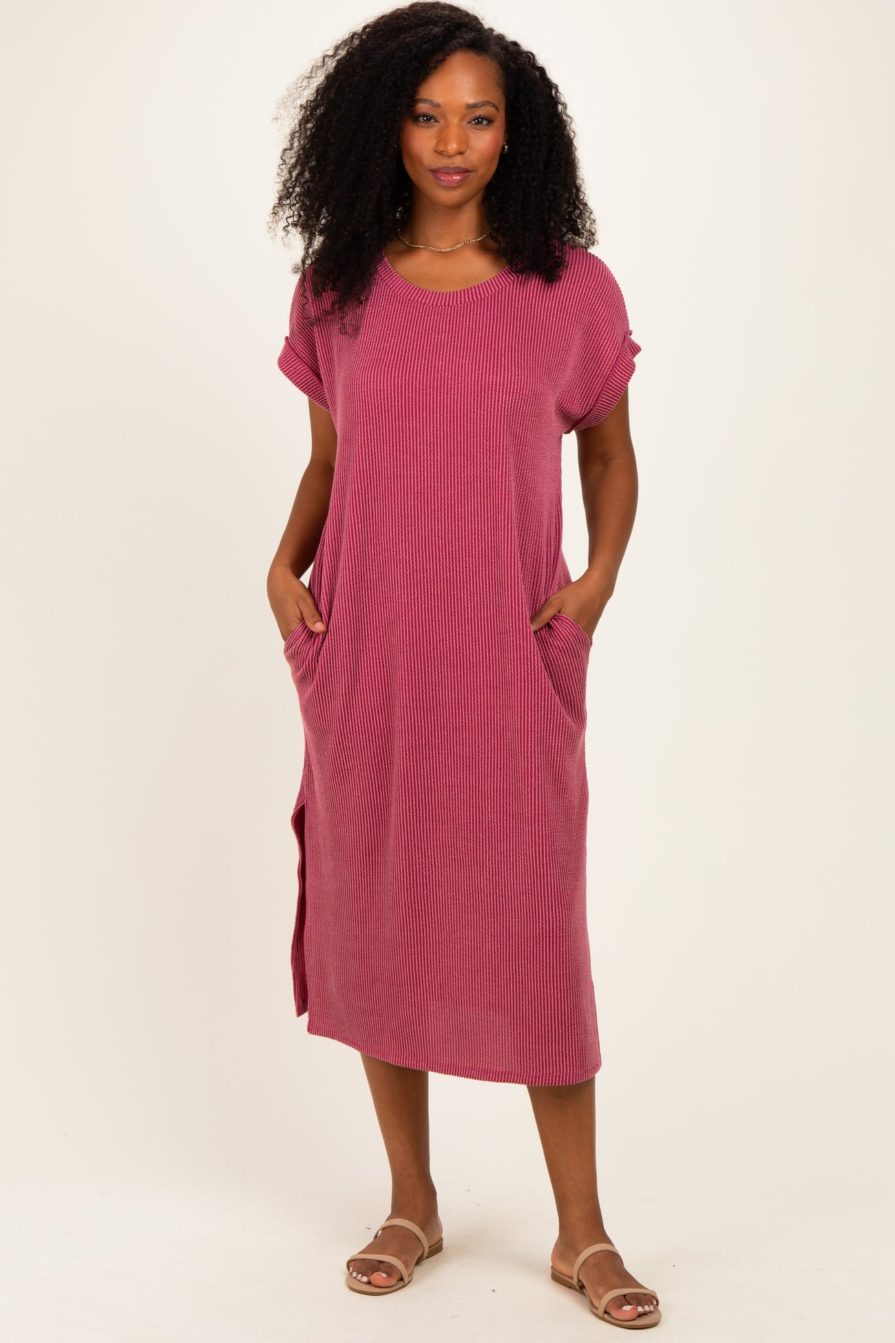 Mauve Short Sleeve Ribbed Maternity Maxi Dress