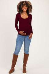 Burgundy Ribbed Scoop Neck Long Sleeve Maternity Top