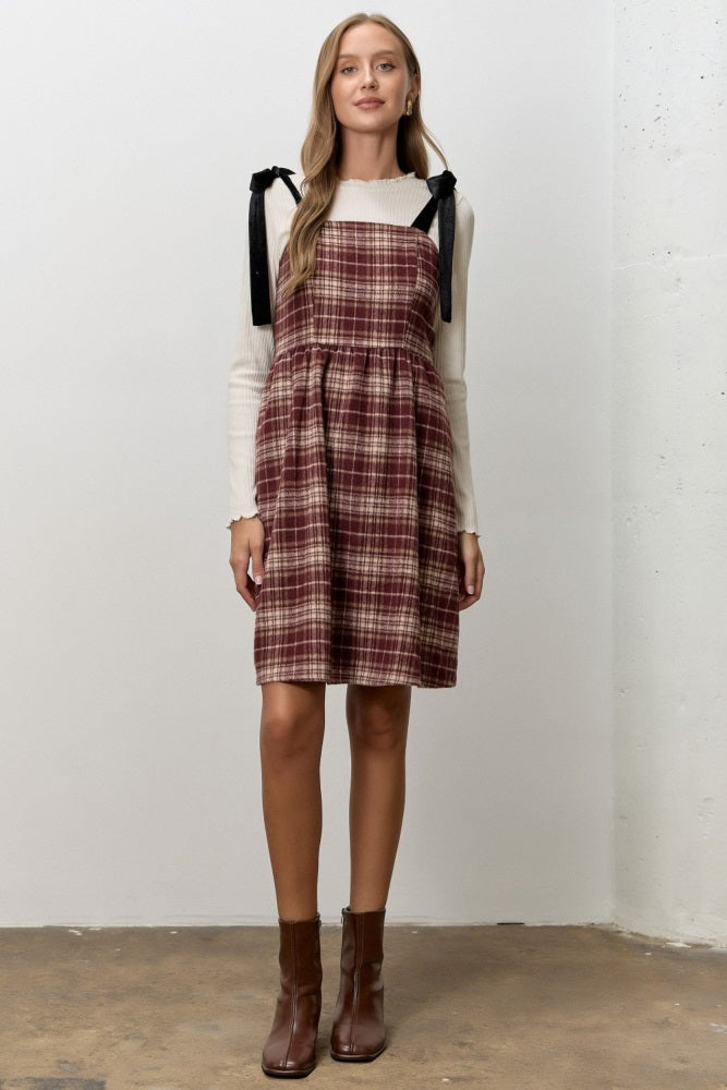 Burgundy Plaid Velvet Shoulder Tie Maternity Dress