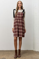 Burgundy Plaid Velvet Shoulder Tie Maternity Dress