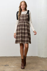 Dark Brown Plaid Velvet Shoulder Tie Dress