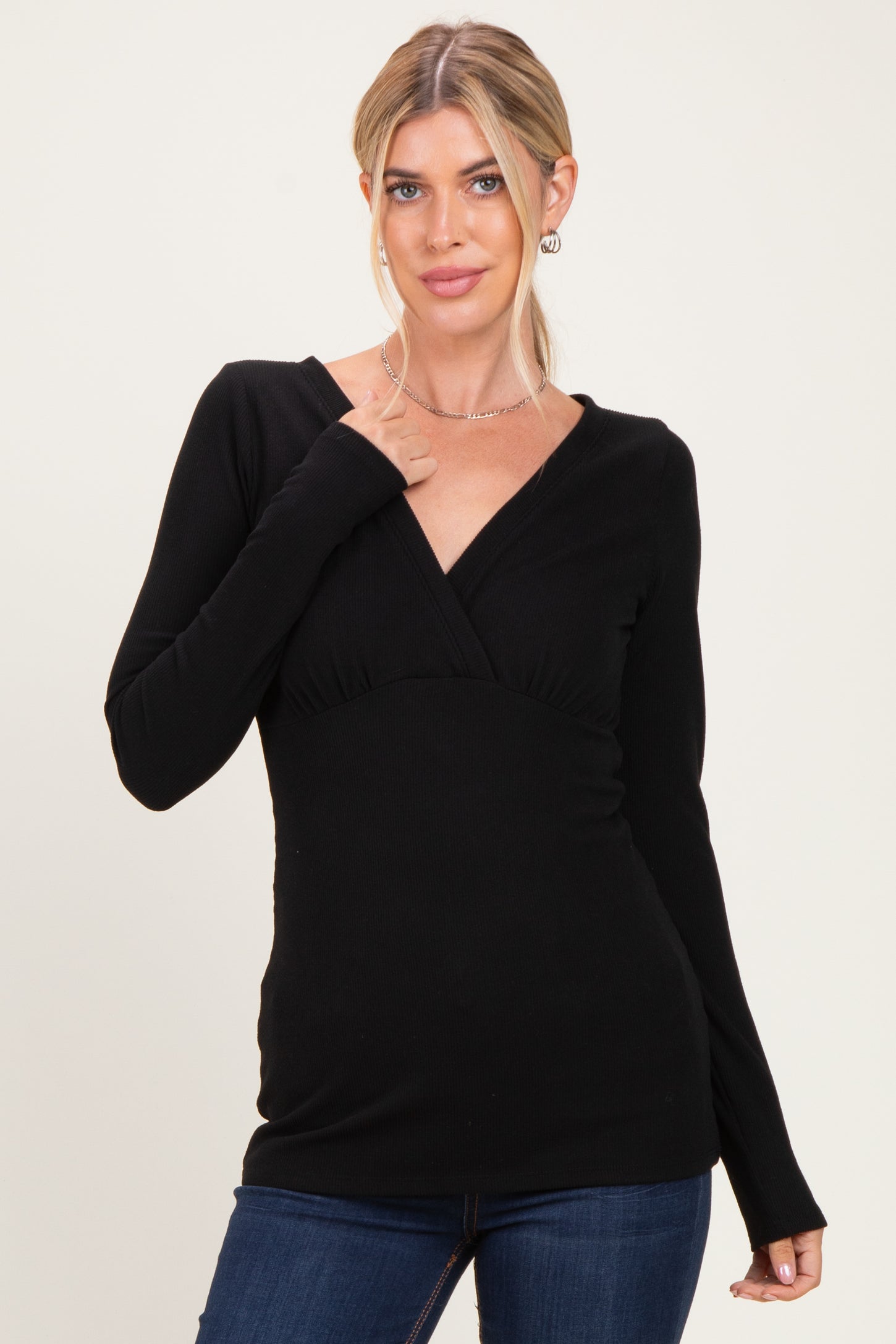 Black Fitted Long Sleeve Wrap V-Neck Maternity Top