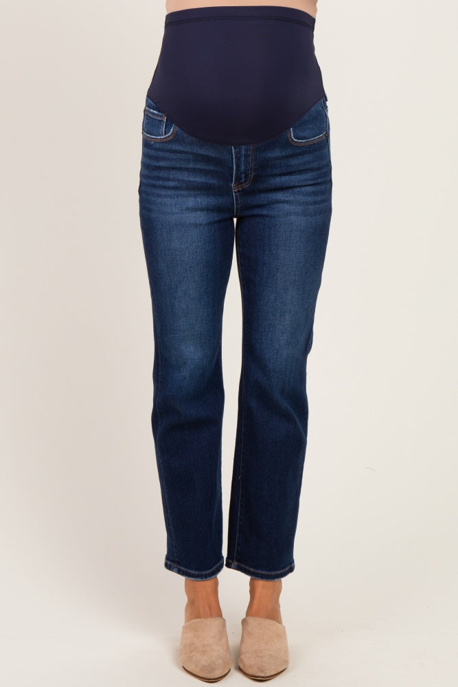 Navy Dark Wash Cropped Slim Straight Leg Maternity Jeans