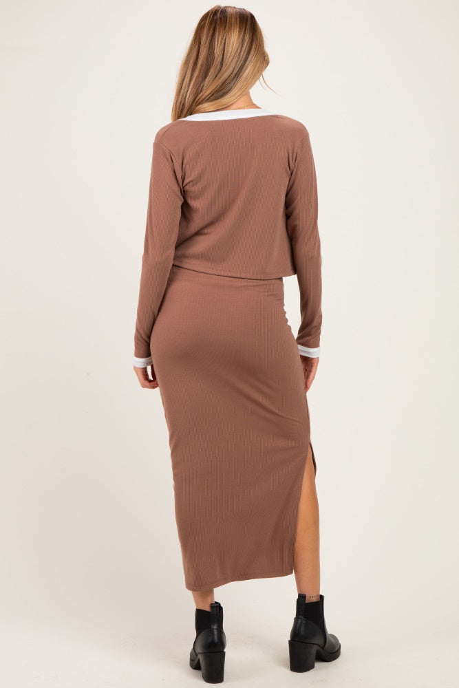 Mocha/ Cream Color Block Sleeveless Fitted Dress Maternity Cardigan Set